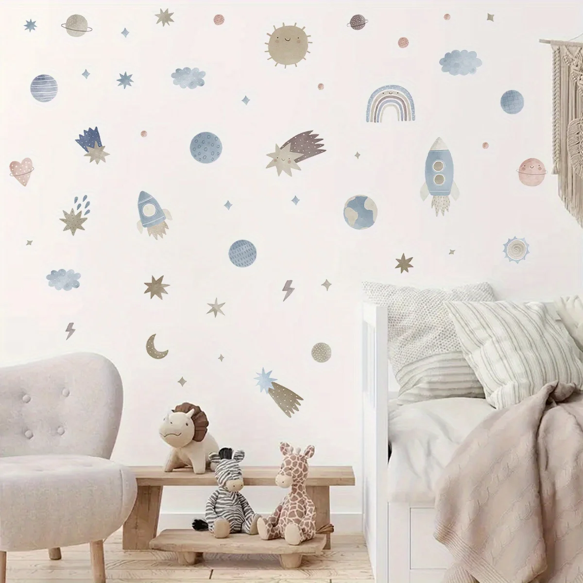 Cartoon Color Rocket Planet Meteor Moon Space Theme Luminous Wall Stickers Vinyl Decal Stickers for Bedroom Living Room Nursery Decoration