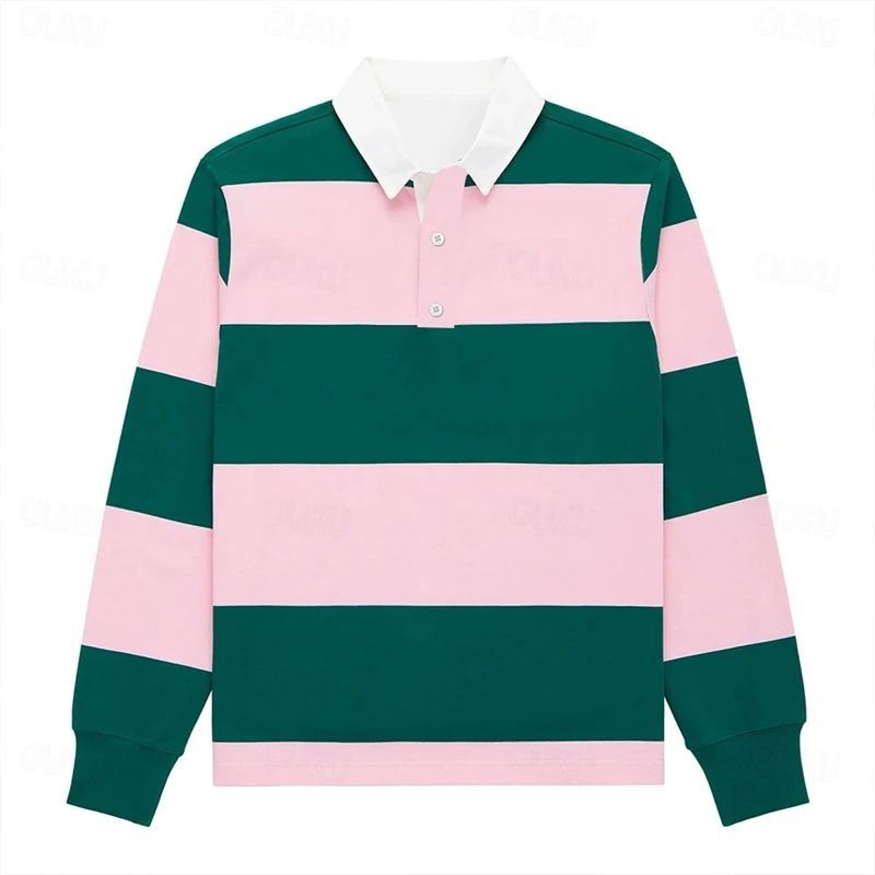 Polo da uomo a righe moda semplice casual autunno manica lunga polo da golf stampata in 3D top larghi e traspiranti con risvolto - immagine 4