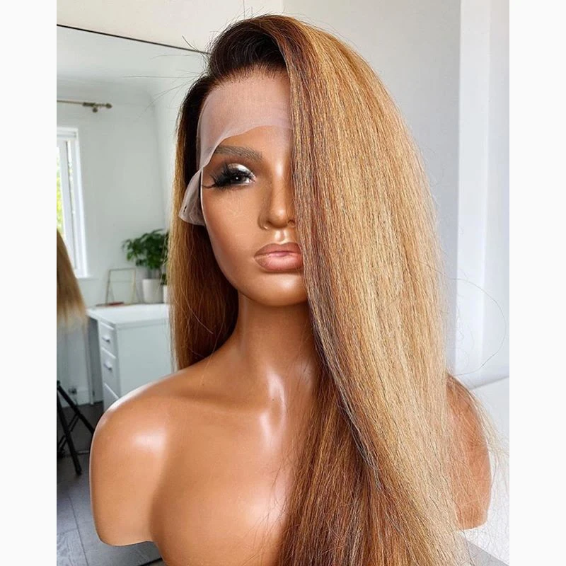 

Glueless 26 inch Ombre Blonde Kinky Straight Jewish European HumanHair Full Lace Wig For Women 23A Grade Baby Hair Pre Plucked