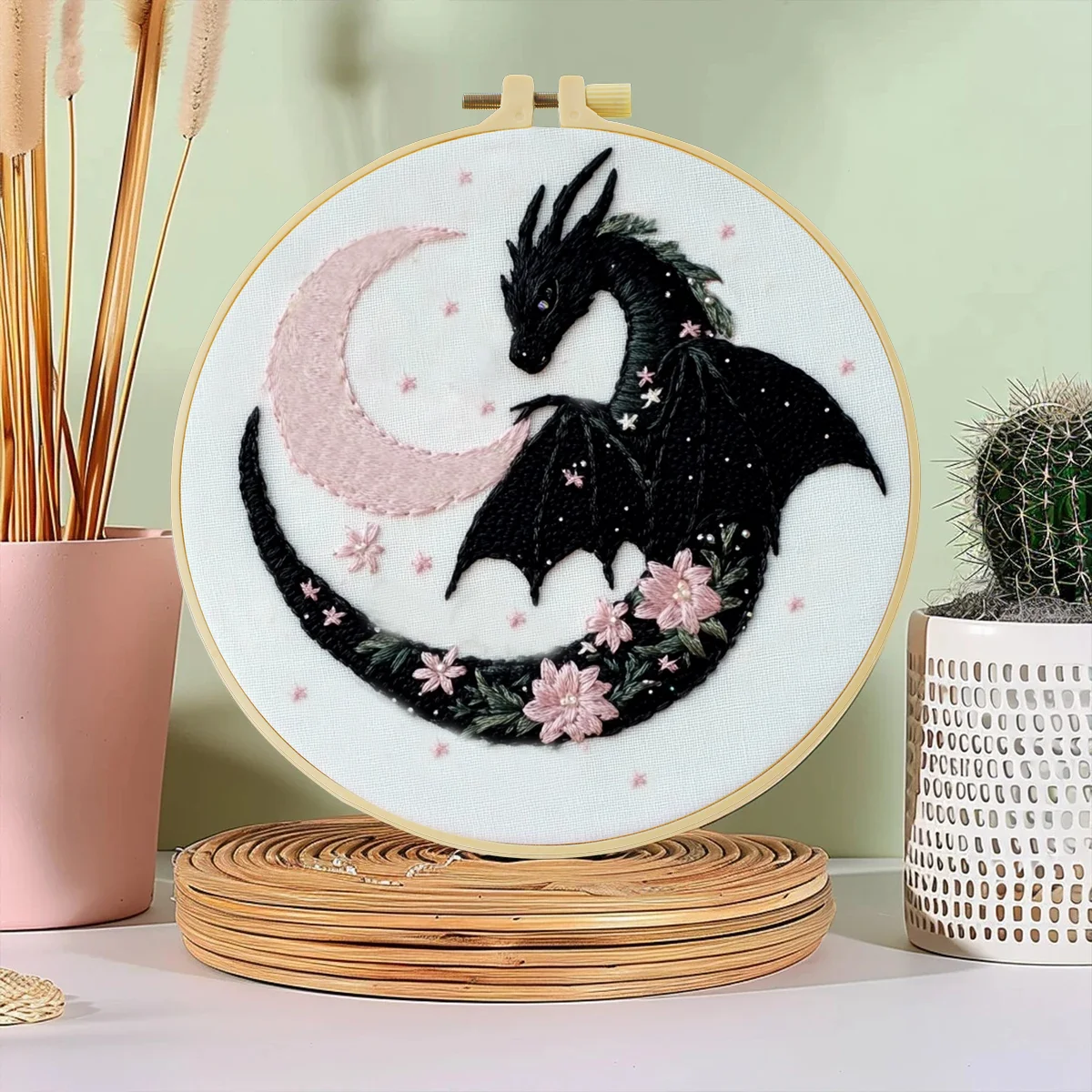 1 Stück 20X20CM/7,87 Zoll Der Drache und der Mond Stickerei Starter-Kit DIY-Set für Anfänger Basteln Malen Nähen Kunst