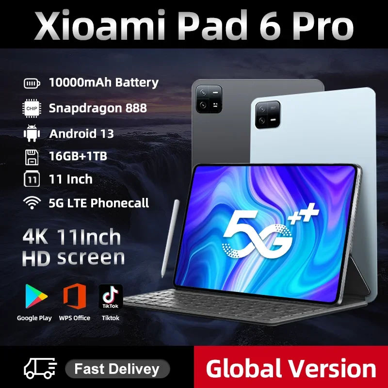 

2024 Original HD 4K Pad 6 Pro Global Version Android 13 10000mAh Tablet PC Snapdragon 888 RAM 16GB 512GB 5G Screen WIFI Mi Tab