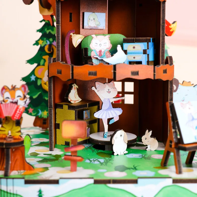 DIY 3D 나무 동물 숲 음악 상자 미니어처 모델 키트 직소 퍼즐 움직일 수 있는 친구 생일 선물 홈 장식