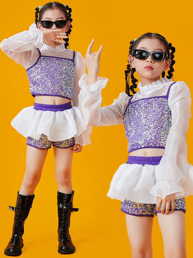 

New Fashion Jazz Dance Csotume Girls Sequin Kpop Outfit Kids Hip Hop Performance Clothing Concert Festival Stage Wear DNV17122