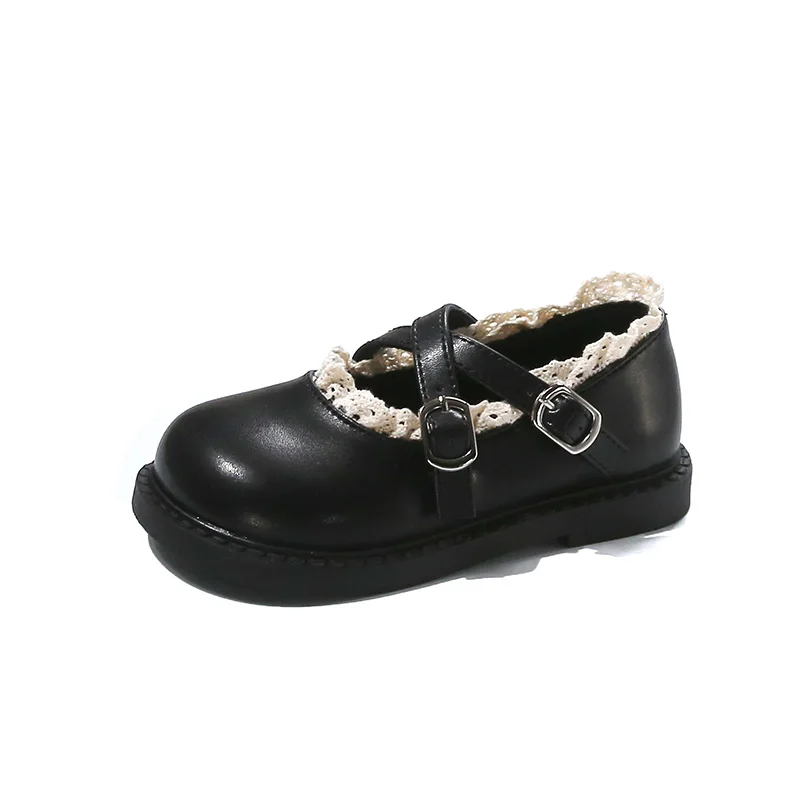 Fashion Princess Shoes for Girls Children Cross Strap PU Leather Flats Baby Girls Lace Lotus Edge Trendy Mary Jane Dress Shoes 6