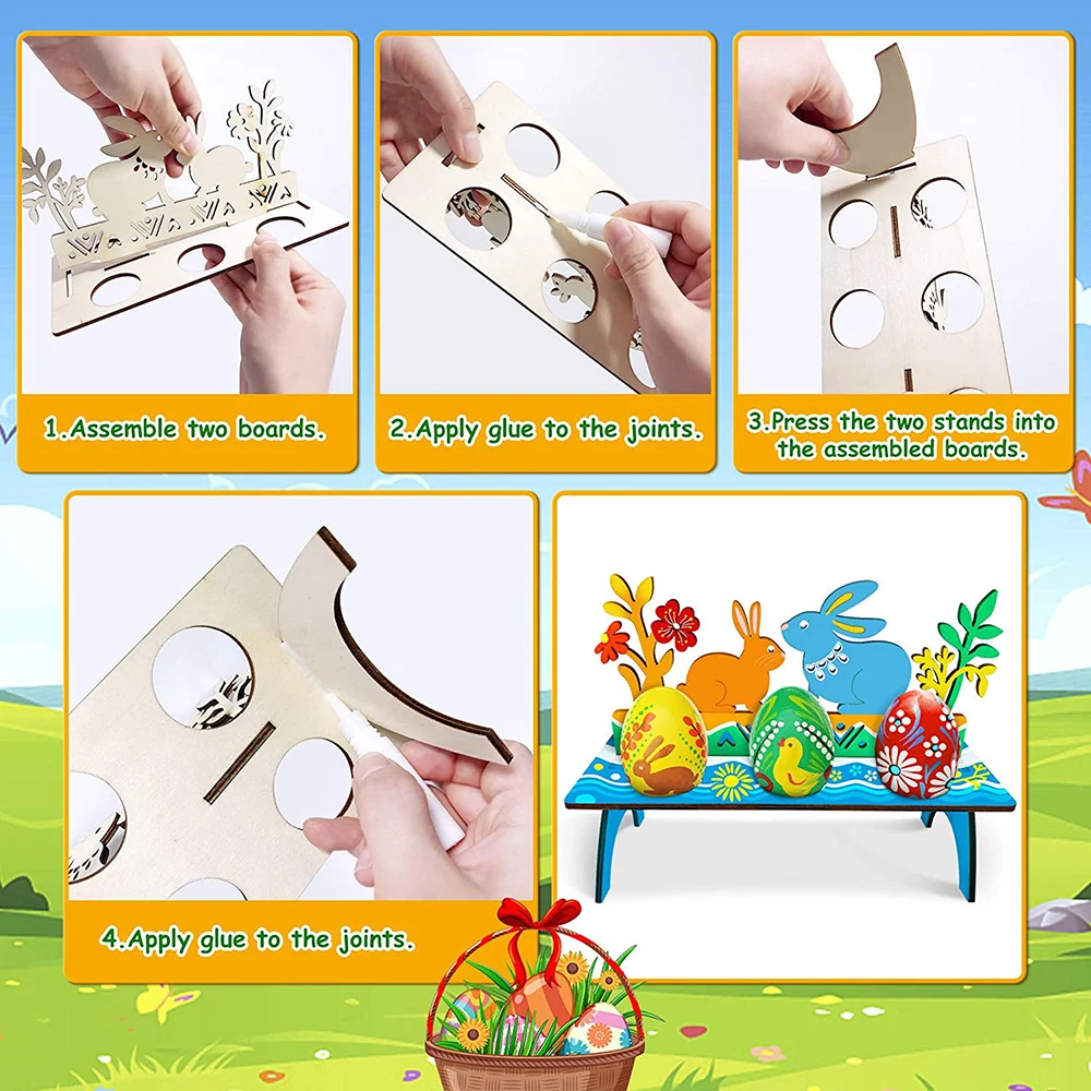 5pcs Wooden Easter Eggs+12 Colors +2 Paintbrushes DIY Graffiti Egg Set For Children's Painting Toy Home Decoration