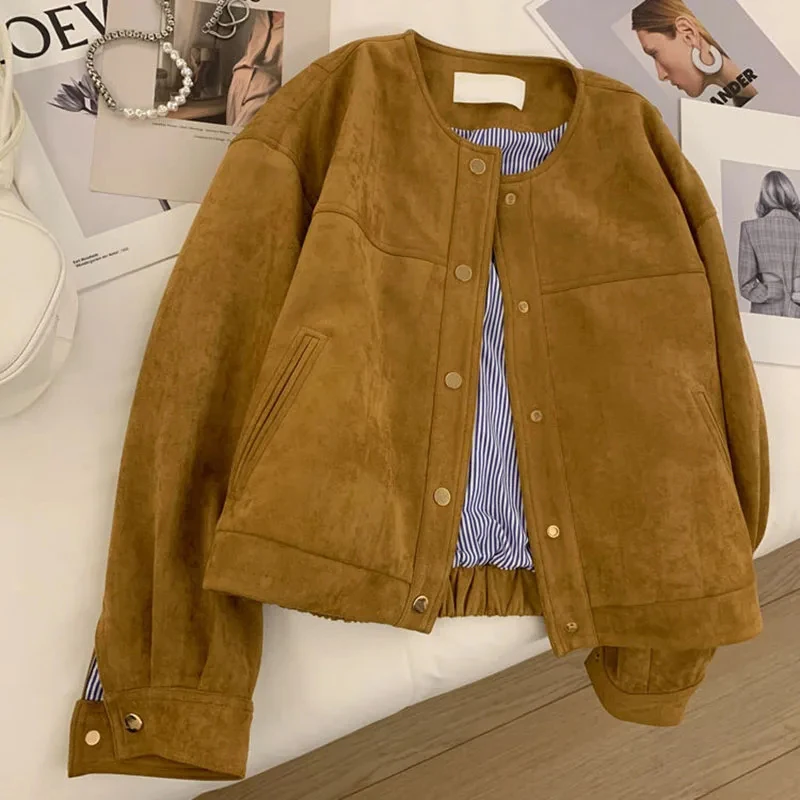 

GIDYQ Suede Cropped Jacket Women Korean Fashion Camel Long Sleeve Flight Suit Harajuku Vintage Single Breasted All Match Tops