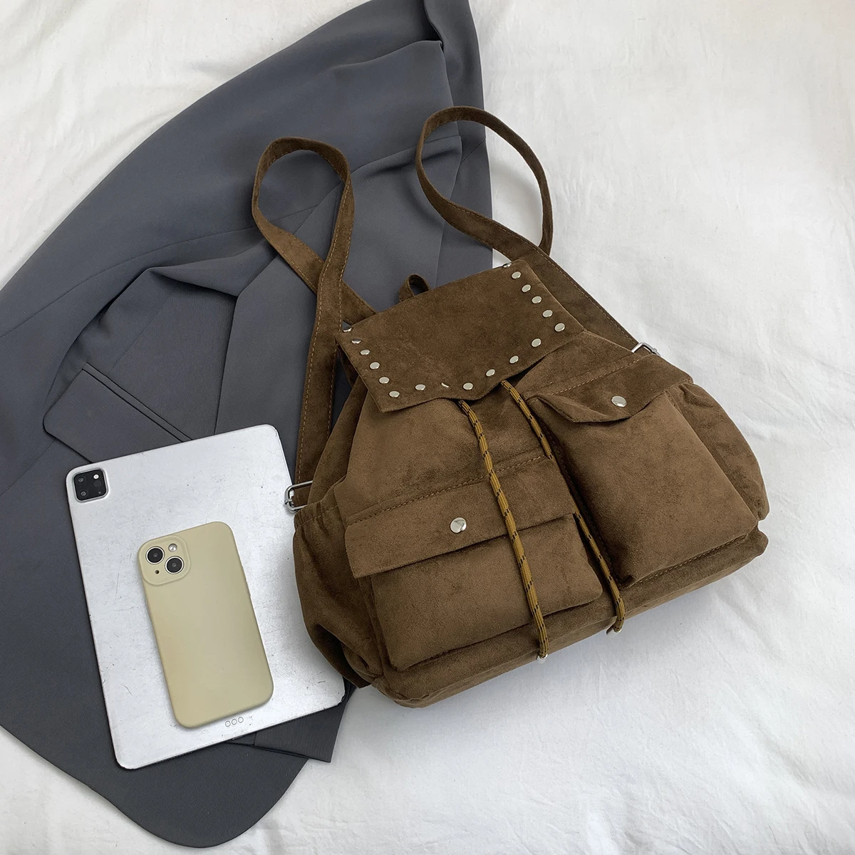 Handmade Niche Suede Korean-Style Drawstring Backpack, Lightweight Double-Pocket Simple Suede Women's Backpack, Hiking Bag for Trekking, Shopping, Outings, and Work