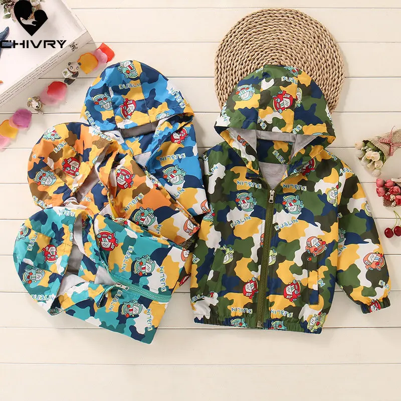 

New Spring Autumn Kids Coat Jacket Boys Girls Fashion Cartoon Camouflage Hooded Zipper Jackets Windbreaker Outerwear Clothing