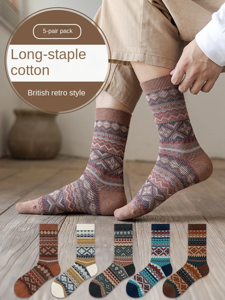 Socks Men's Autumn Winter Retro Ethnic Style Cotton Socks Long Tube Men's Stockings Socks Men Warm Rhombus Common Style