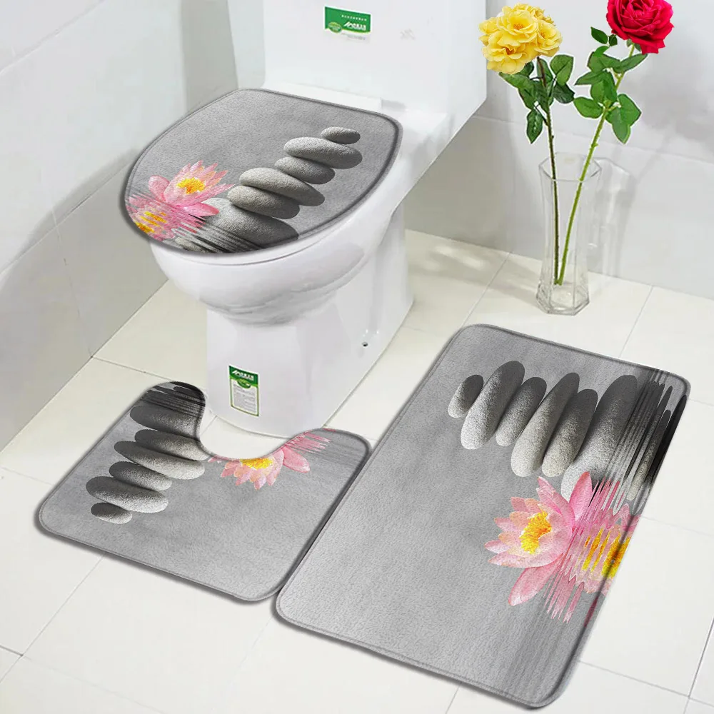 Zen Bath Mat Set Pink Lotus Massage Stone Water Spa Scenery Grey Home Floor Tappeto Bagno Decor Tappeto Antiscivolo Coperchio Del Water