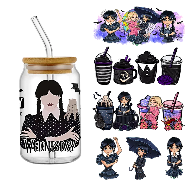 

Wednesday Girl DTF Sticker For Cups Cool Personalize UV Wrap Transfer Sticker Custom Labels DIY Logo Selfadhesive Waterproof