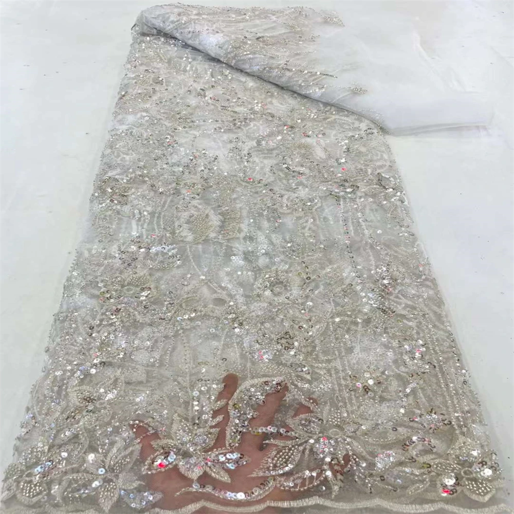 

New Design African White Sequins Lace Fabric Luxury French Nigerian Beads Mesh Lace Fabric High Quality For Wedding Dress WS2752