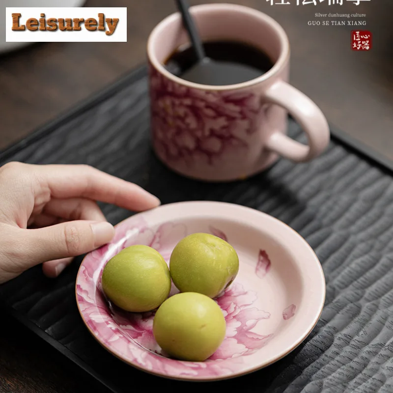 180ML Antique Pink Peony Flower Ru Kiln Mug Boutique Coffee Cup Mug With Plate Tea Making Office Water Cup Cafes Collection Gift