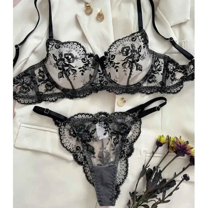 Sexy Embroidery Printing Bra Set Women Mesh Patchwork Lace Adjustable Shoulder Straps Sexy Perspective Underwear Suit