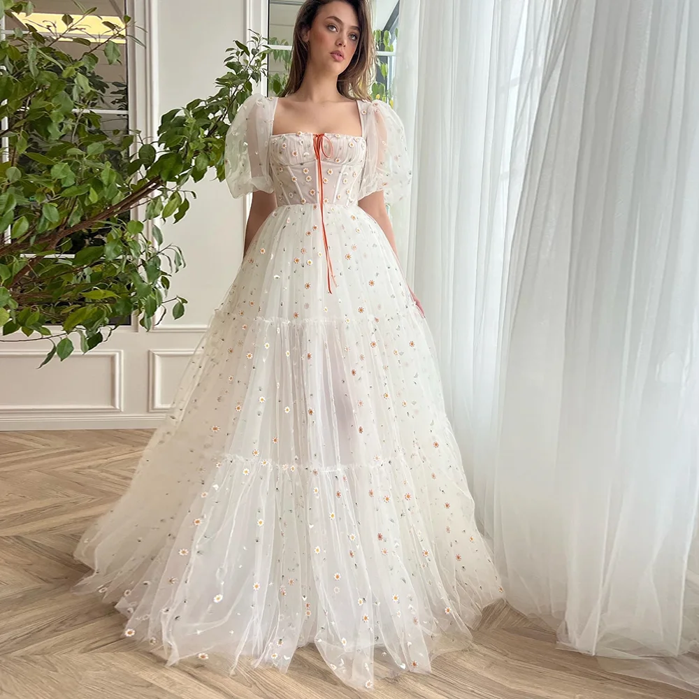 

White Prom Gown Square Collar Daisy lace Appliques Short Sleeve A-Line Evening Dresses Floor-Length Illusion Summer Party Dress