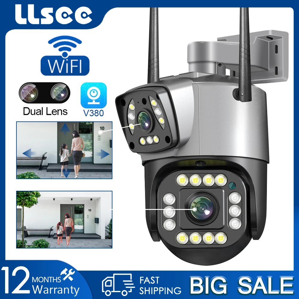 

Уличная камера LLSEE с 2 объективами, 8 Мп, 4K, Wi-Fi, автоматическое слежение за людьми, цветная, ночная версия, панорамирование, наклон