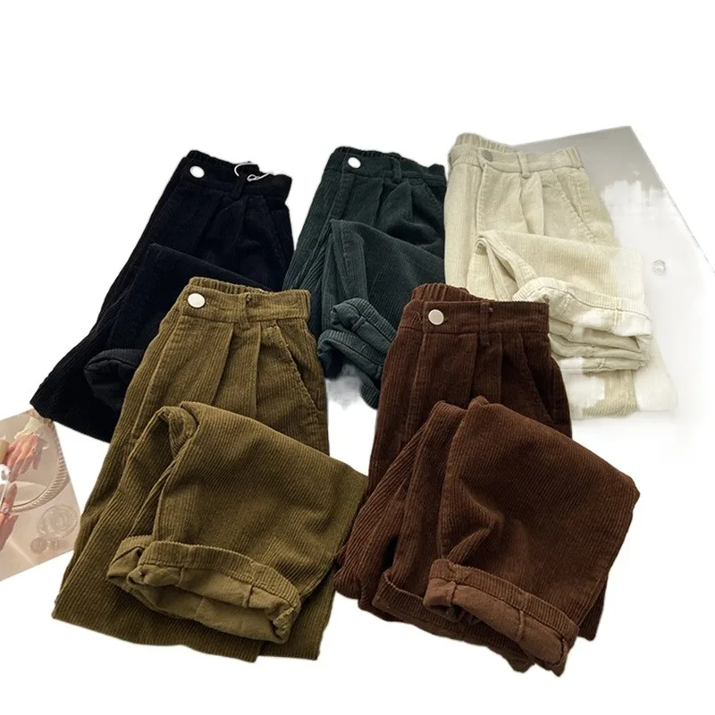 Baggy Corduroy Straight Pants Women Causal Spring Fall High Wasit Pantalones Korean Oversized Spodnie Elegant Trousers New Broek