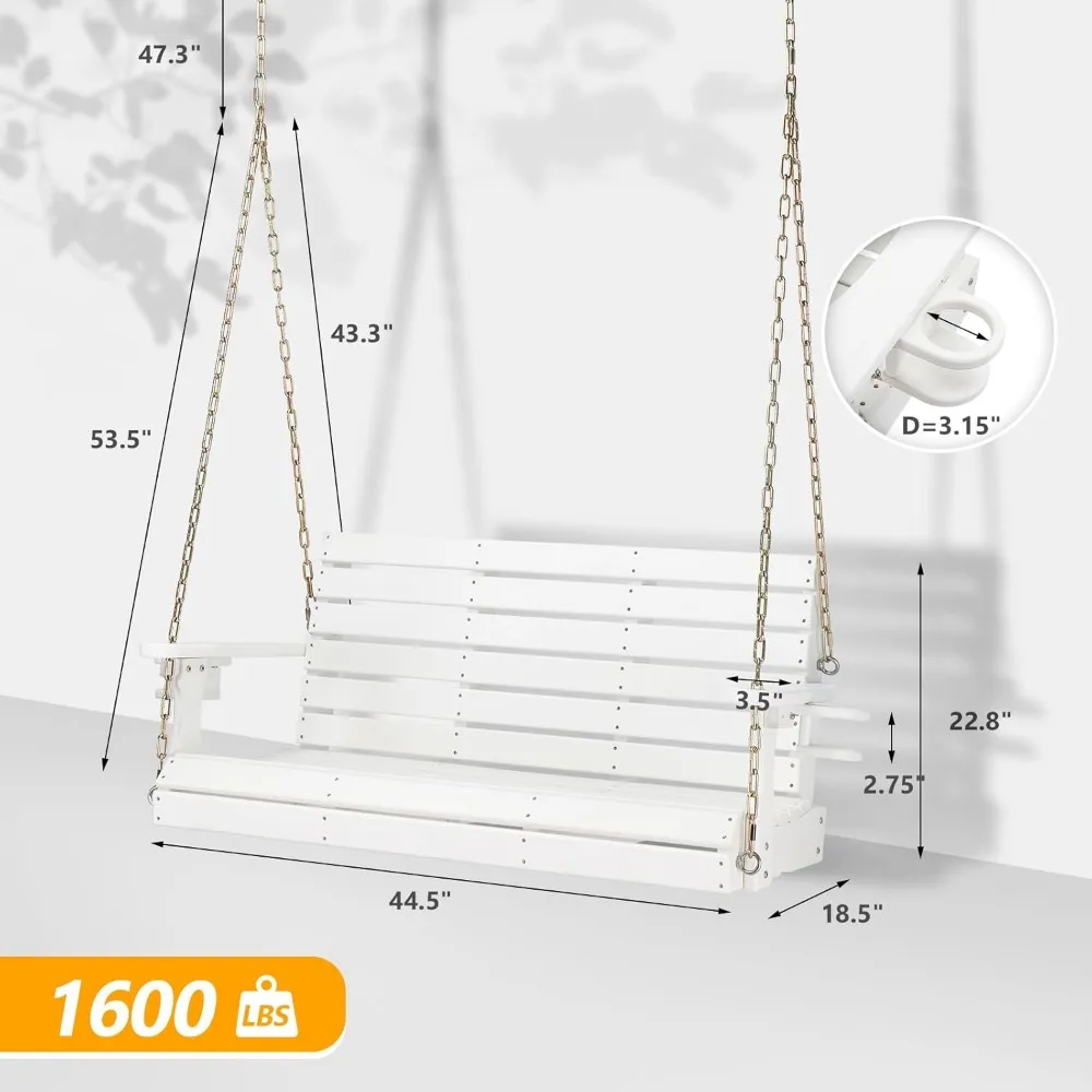 Heavy Duty 1600 LBS HDPE Porch Swing Outdoor with Rotatable Cup Holder, 4 FT Patio Bench Swing with Adjustable Chains, 2 5