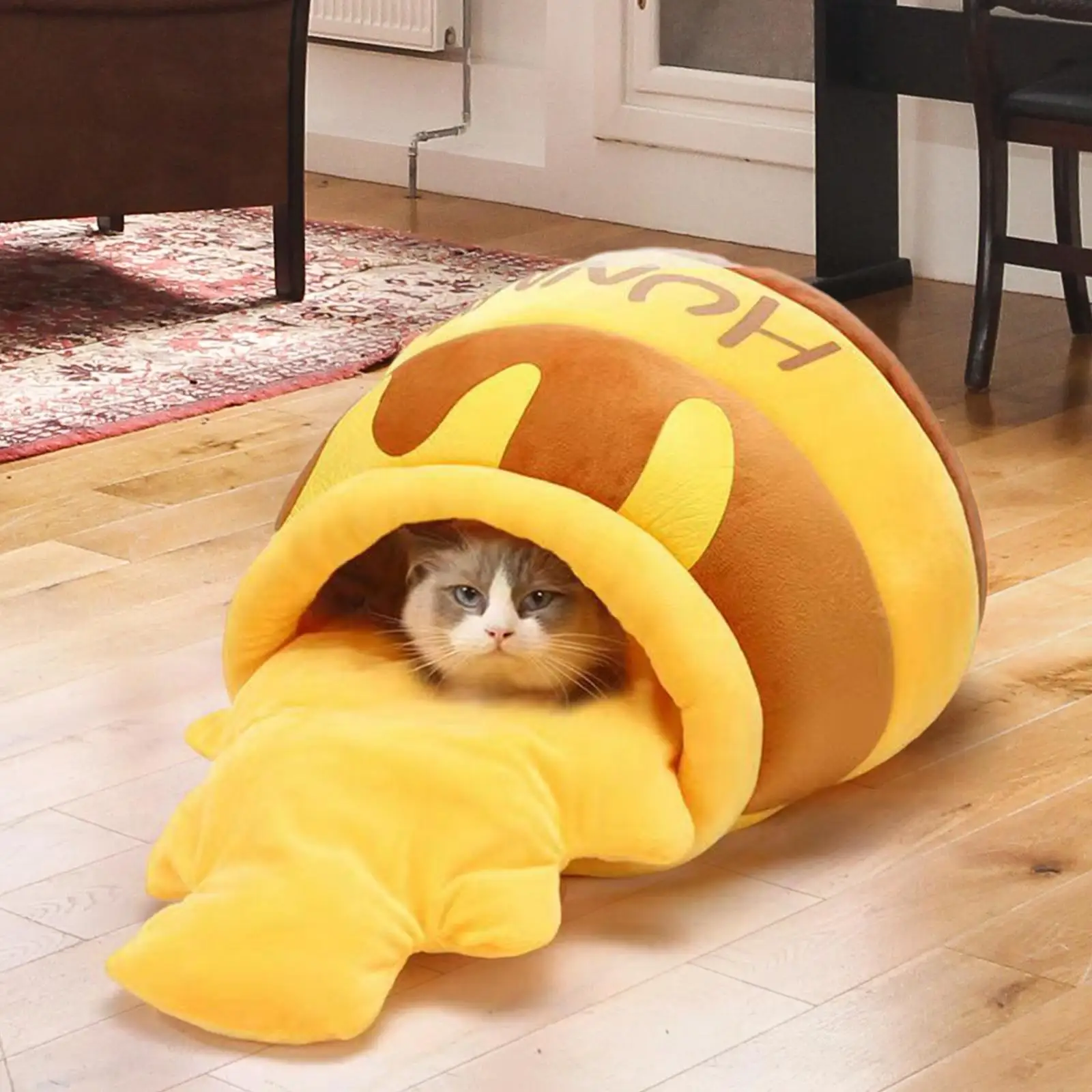 Cat Bed Honey Pot Shape Comfortable Nest Nonslip Bottom Non Slip Cartoon Kennel Pet Cat Bed Removable Cushion Cave Sleeping Bed