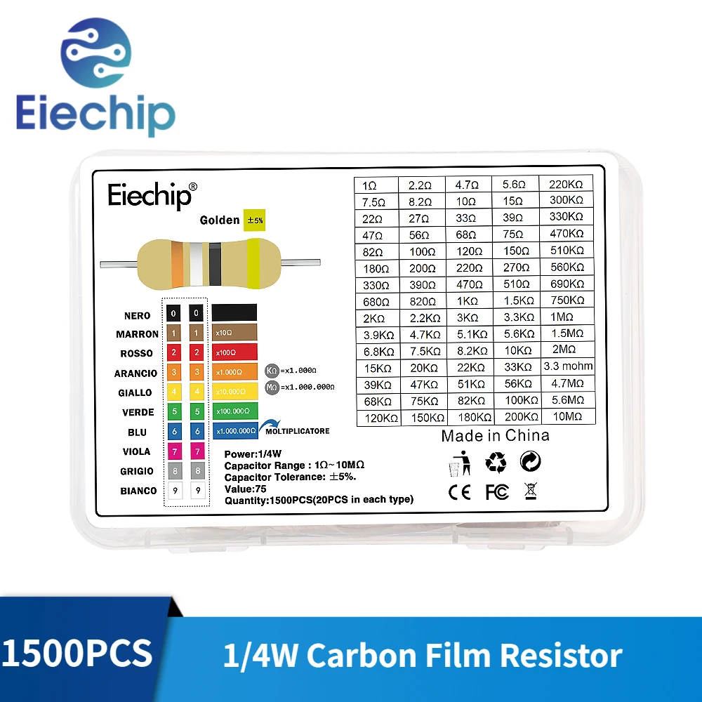 1500PCS 0.25W Carbon Film Resistor Kit with Box 1/4W 75Values 1ohm~10m Set of Resistors Free Shipping