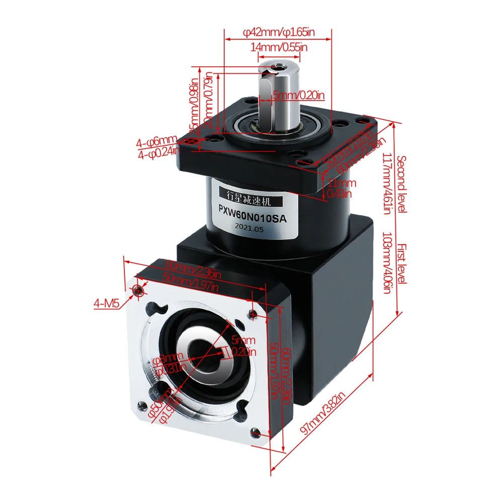 Nema24 PXW60 Right Angle Planetary Reducer Ratio 4/10/16/20/24 for CNC Stepper Servo Motor planetary reducer