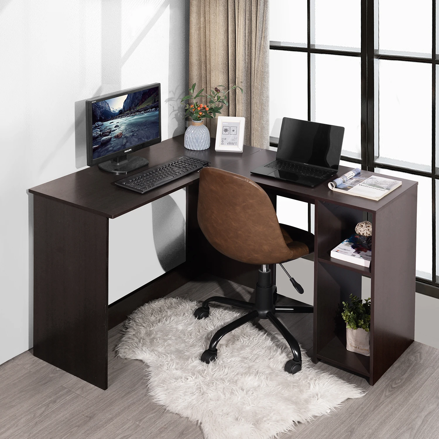 

Spacious 39.4" W x 47.2" D L-Shaped Corner Computer Desk for Home Office Workstation with 2 Storage Shelves and Hutches, Ideal W