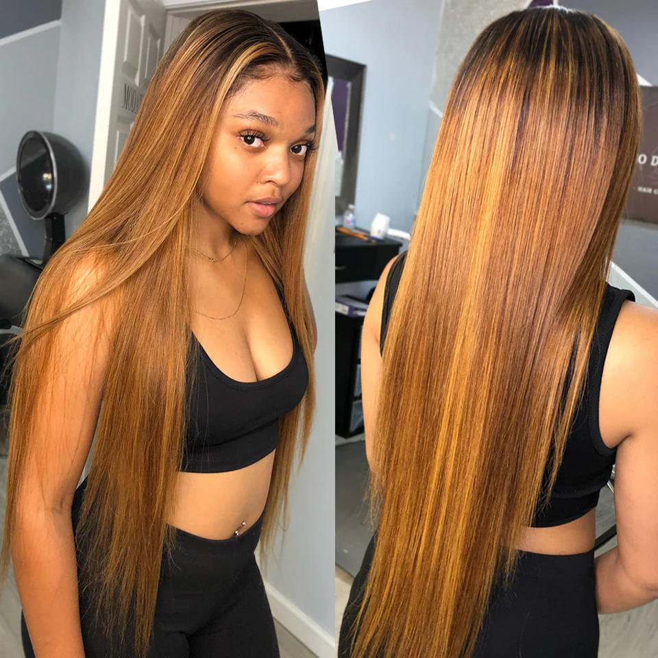 Ombre Honey Blonde Straight Lace Front Wigs Pre Plucked Bone Straight Lace Frontal Human Hair Wigs for Women with Baby Hair
