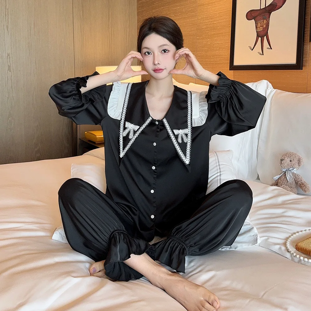 

Lady Summer Long Sleeve Shirt Trouser Pijamas Suit Female Sleepwear Casual Silky Satin Nightsuits Lingerie Two Piece Pajamas Set