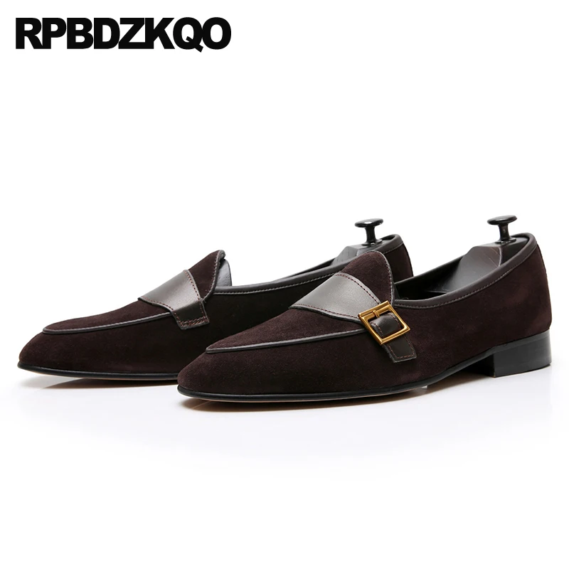 

Runway Shoes Chic Round Toe Brown Custom Men Dress Buckle Suede Flats Holiday 2023 Monk Strap Loafers Slip On Smoking Slippers