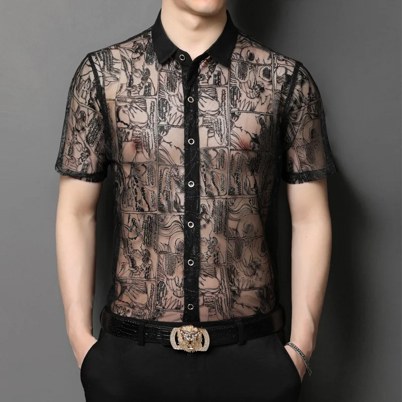 

Рубашка мужская Прозрачная с короткими рукавами, модная Повседневная дышащая тонкая крутая сорочка в европейском стиле, лето