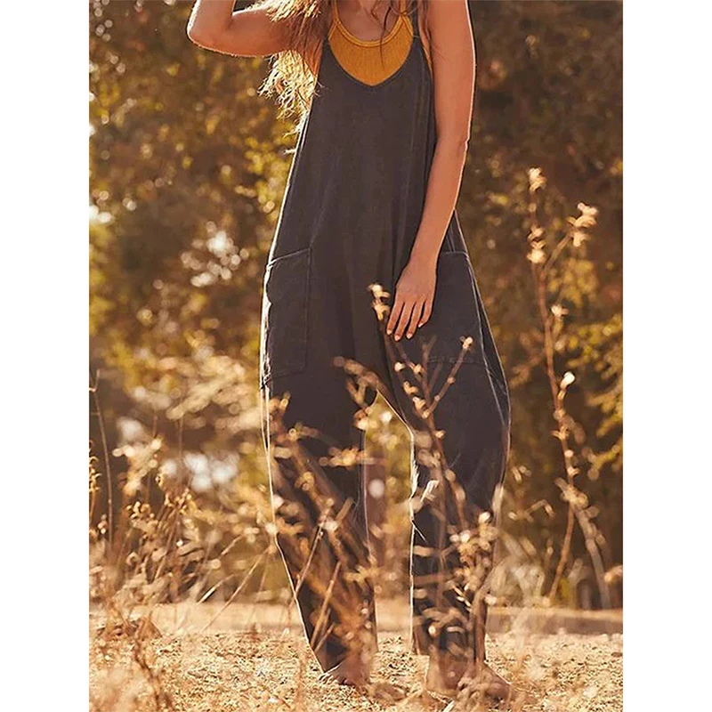 Molizhi Spaghetti Long Length Pocket Jumpsuit, Casual Sleeveless Loose Zip Back Jumpsuit, Women's Clothing
