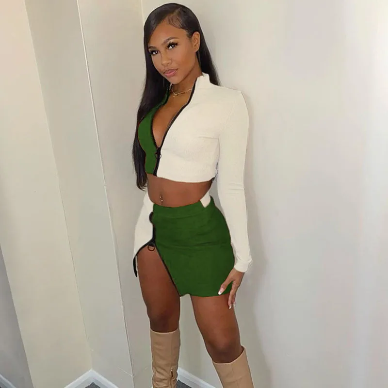 

Sexy Color Block Two Piece Set Women Skirts Knit Rib Crop Top and Mini Skirt Suits Clubwear Party Birthday Outfits Matching Sets