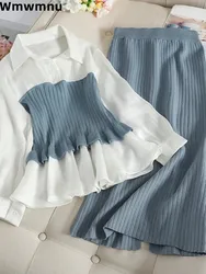 Chic Soft Sweater Skirts 2 Piece Set Korean Design Fold V-neck Blouse Conjuntos Casual Knitwear Slim Straight Skirt Outfits