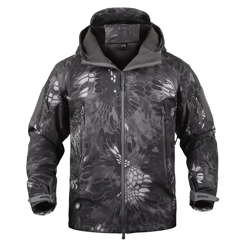 thumbnail image 1 of Chaqueta azul marino de concha suave para exteriores, chaqueta táctica impermeable para hombre, abrigo de invierno, cazadora y pantalones cálidos de lana con capucha, 1 of 5