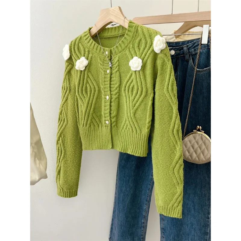 

Women's Korean Sweet Style High-end Flower 3D-Decorate Knit Rib Crewneck Single Breasted Knitted Cardigan Autumn Winter Warm Top