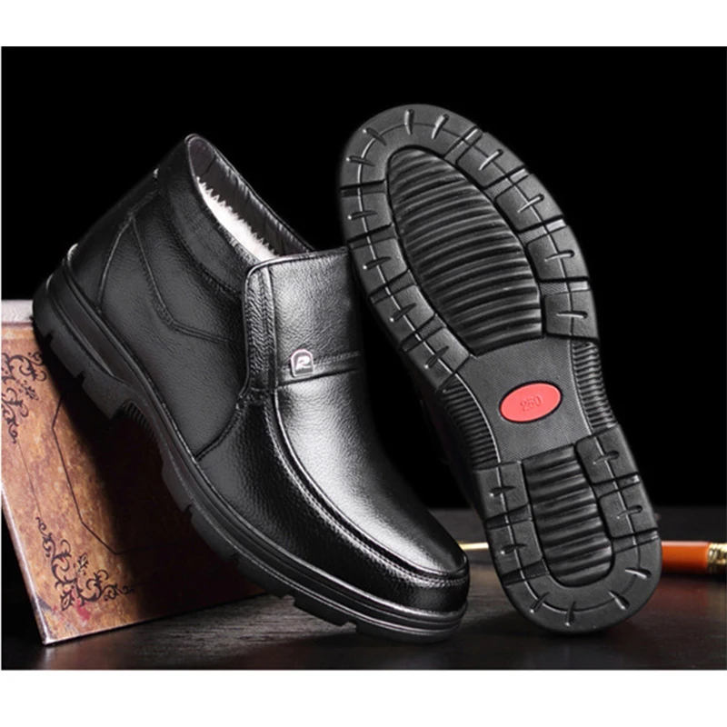 Мужские ботинки из натуральной кожи, Черные ботильоны из бычьей кожи с теплым хлопком, A1883, для зимы