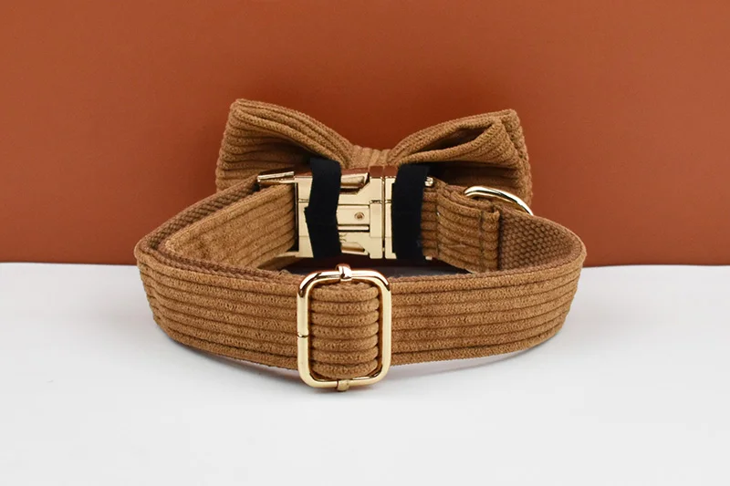 Personalised Corduroy Dog Collar And Leash Set With Nameplate_voghion.com