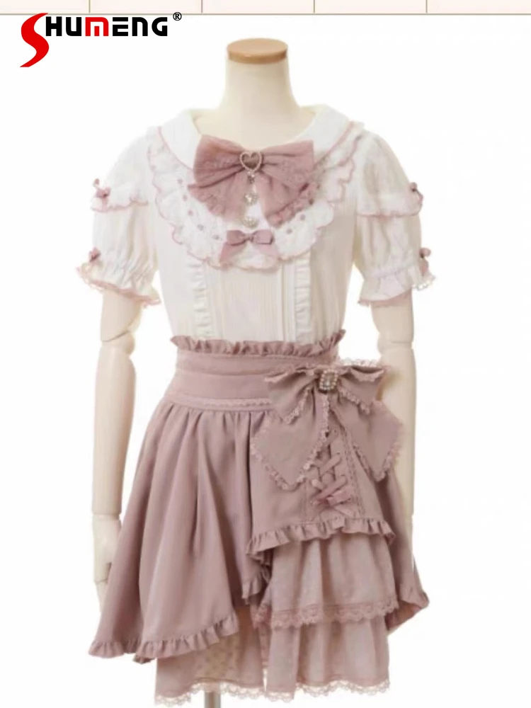 

Japanese Mine Style Mass-Produced Side Lace-up Bow Lace Irregular Skirt High Waist Sweet Cute Lolita Mini Skirt Women Summer