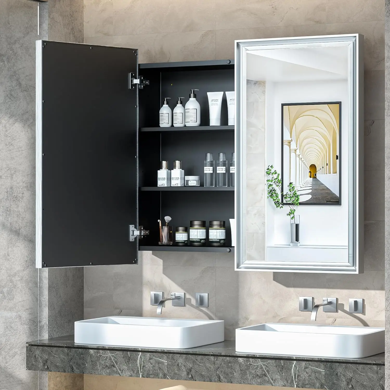 

TokeShimi 36x32 Bathroom Mirror Cabinet, Silver Recessed Medicine Cabinet with Mirror Aluminum 2 Door