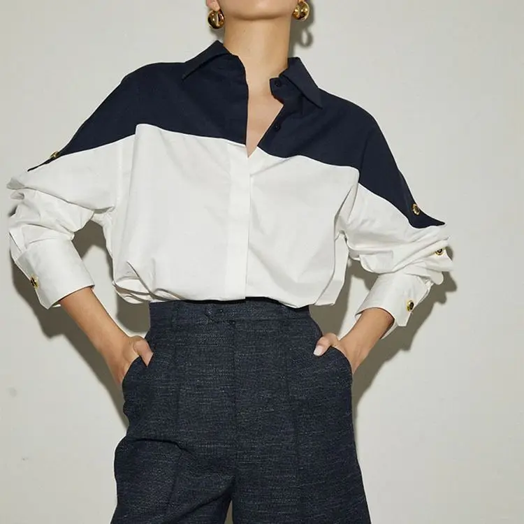 

Women's Blouses Fashion Color Contrast Patchwork Shirt Tops Temperament Sense Long Sleeve Shirt 2023 Autumn Office Ladies Blusas