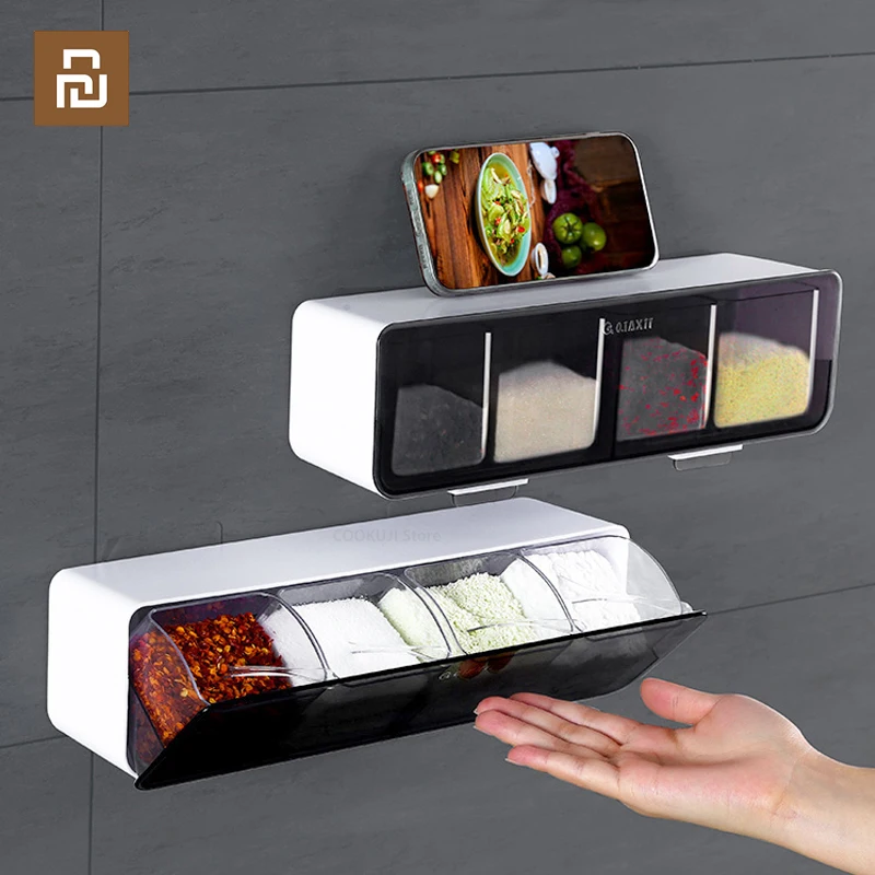 

Youpin Kitchen Wall-mounted Seasoning Box Salt Pepper Spice Rack Jar Sugar Bowl for Kitchen Gadget Sets Spice Box Organizer Tool