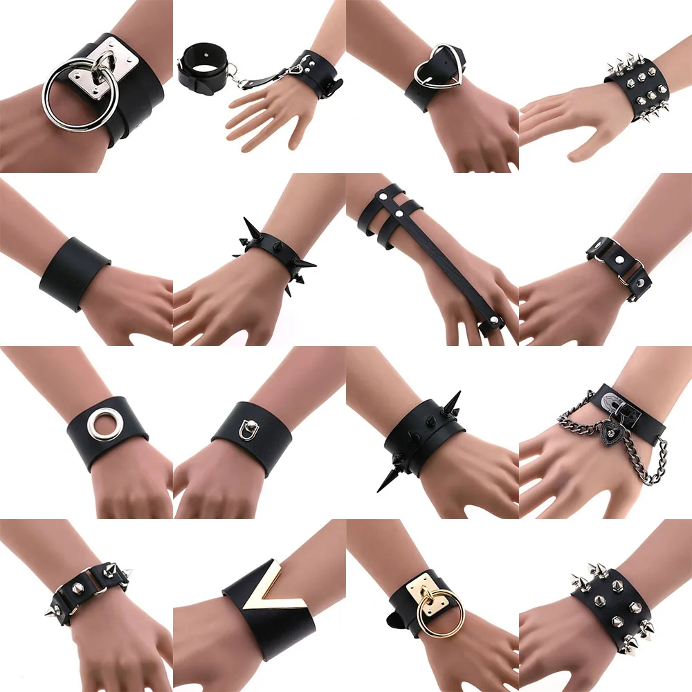 Cosplay Men Black PU Leather Studded Bracelet Punk Bracelet Goth Cuff