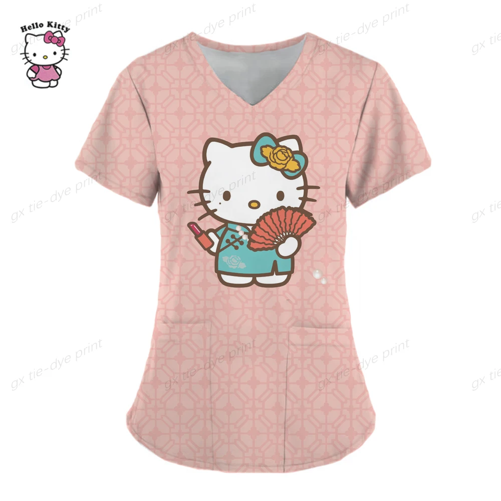 thumbnail image 1 of Uniformes médicos de Hello Kitty para mujer, camisetas de enfermera con estampado de dibujos animados de Hello Kitty, uniforme de novio para mascotas, ropa de cuidado de manga corta, 1 of 5
