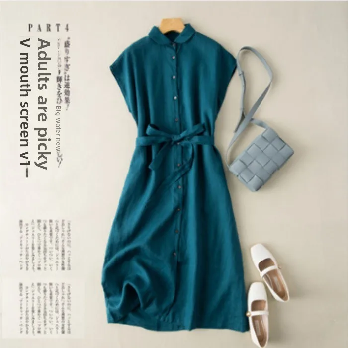 Summer New Cotton Linen Dr Slimming Youthful Artistic Midi Loose Thin Cotton Linen Dr for Women in Their 20s - Image 2