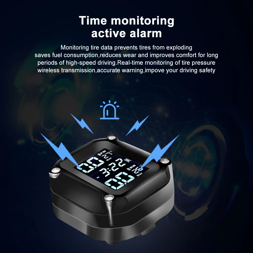무선 LCD 디스플레이 오토바이 TPMS 타이어 온도 테스터 2 센서 먼지 핏 자전거 모터 타이어 압력 모니터링 경보 시스템