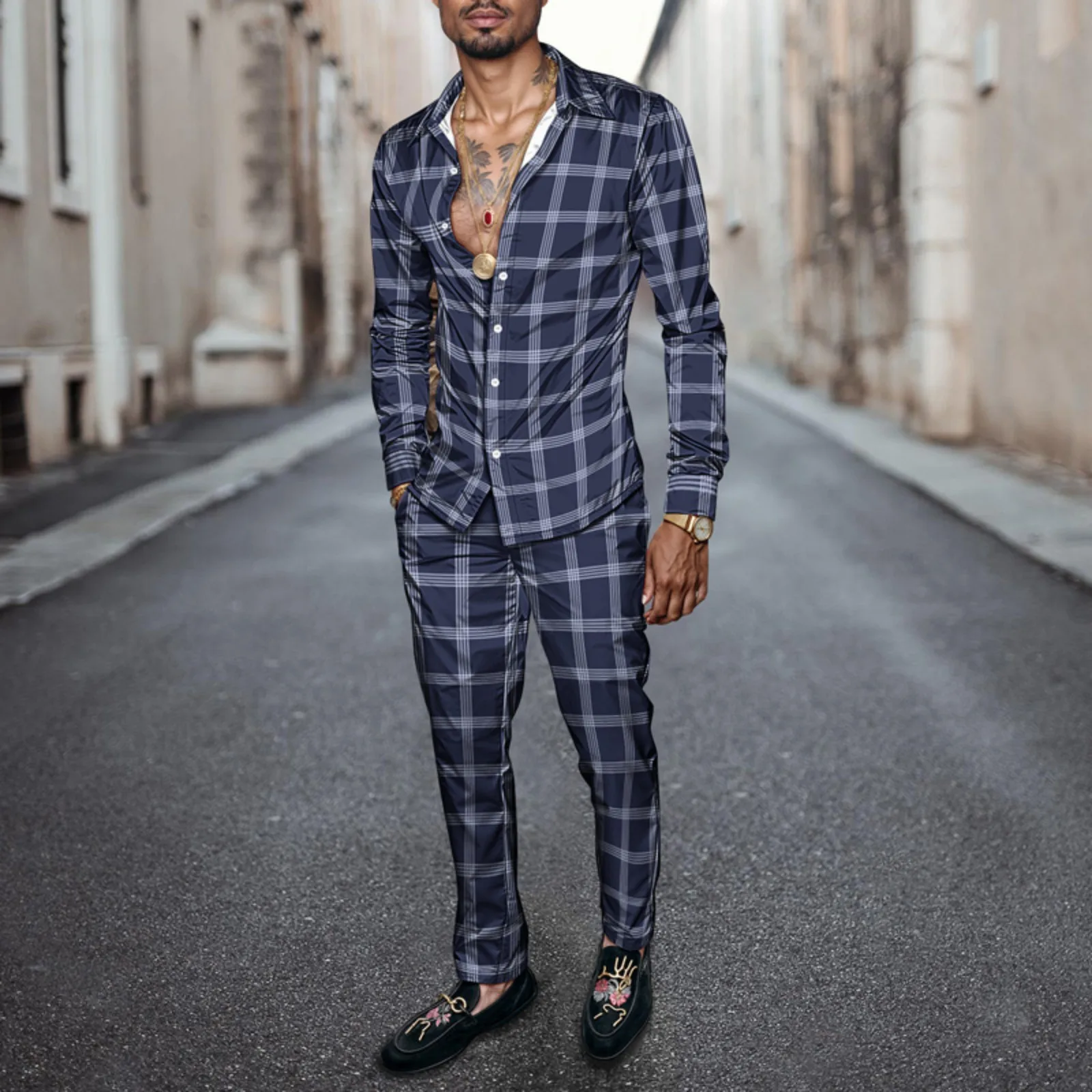 Conjunto de camisa de hombre primavera/verano 2025, estampado de marca, moda, sencillo, de dos piezas, traje de fiesta ligero de lujo para hombre, manga larga, nuevo St_voghion.com