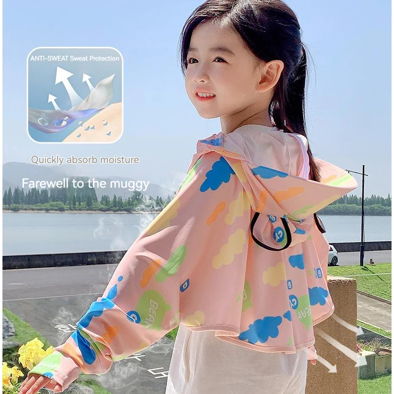 Children Skinsuits Ice Silk Summer UV Proection Boys Girls Breathable Hooded Jacket For Outdoor Hiking Trekiing Beach Travel