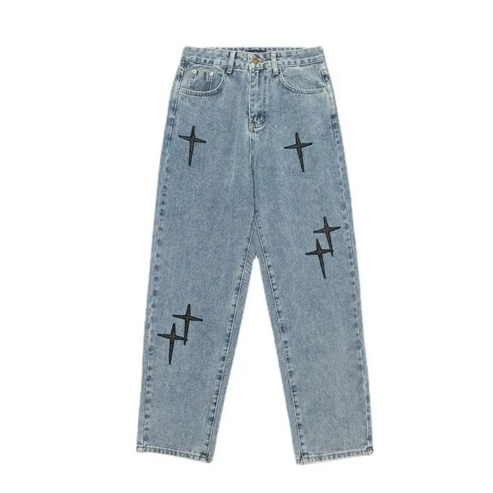 

Comfortable Denim Trousers Vintage Wide Leg Men's Jeans with Star Embroidery Stylish Streetwear Pants with Soft Breathable