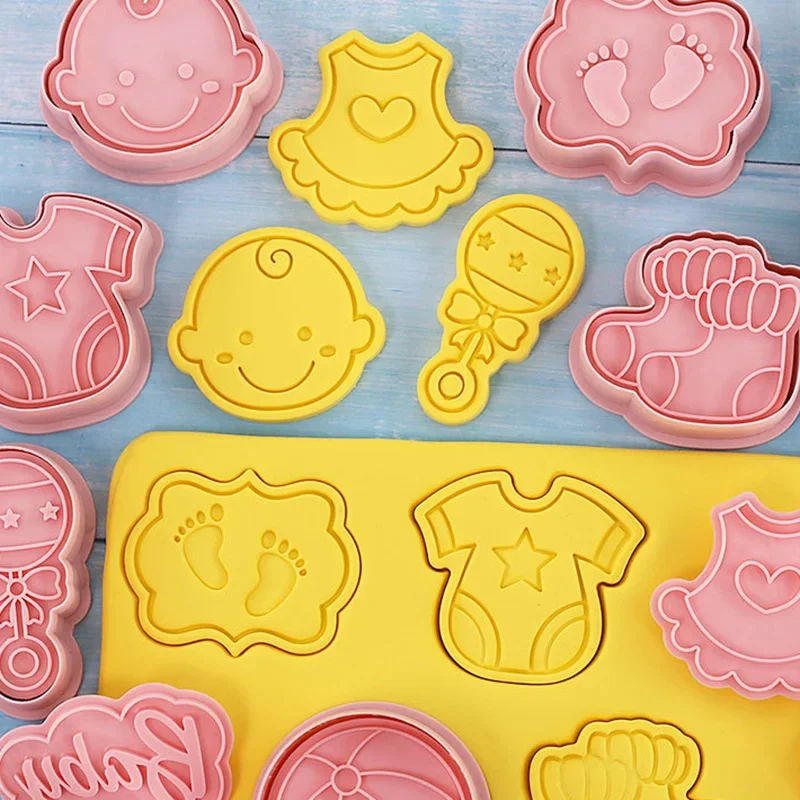 8Pcs Baby Theme Cartoon Cookie Embosser Cutters 3D Baby Shower Rattles Ball  Clothes Feet Skirt Socks Biscuit Mould Cake Tools