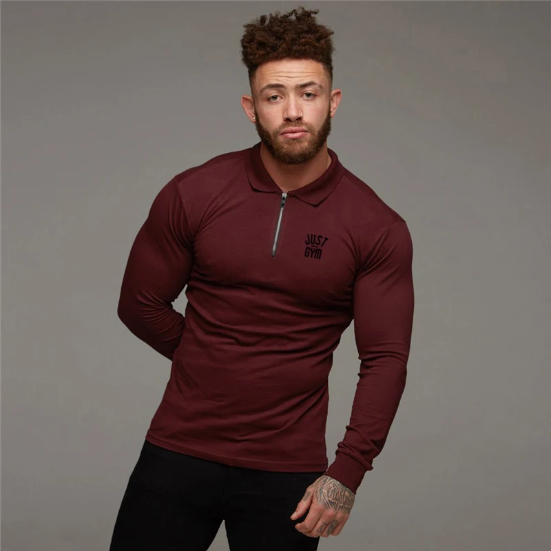 Men's Running Fitness Zippered Lapel Polo Shirts Autumn Cotton Long Sleeve Slim Fit Tees Gym Bodybuilding Workout Muscle Shirt